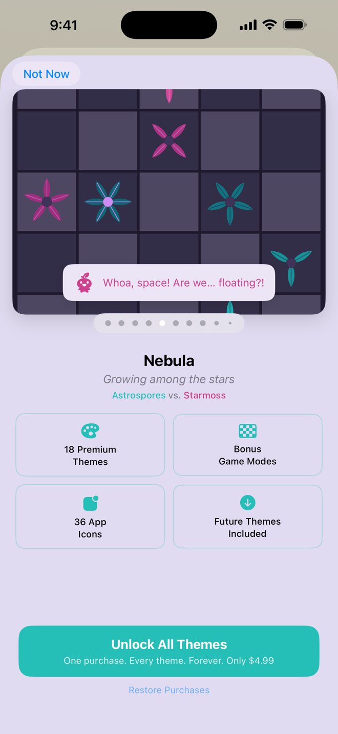 In-app purchase screen previewing the Nebula theme, with cards for premium themes, bonus game modes, app icons, and future themes included